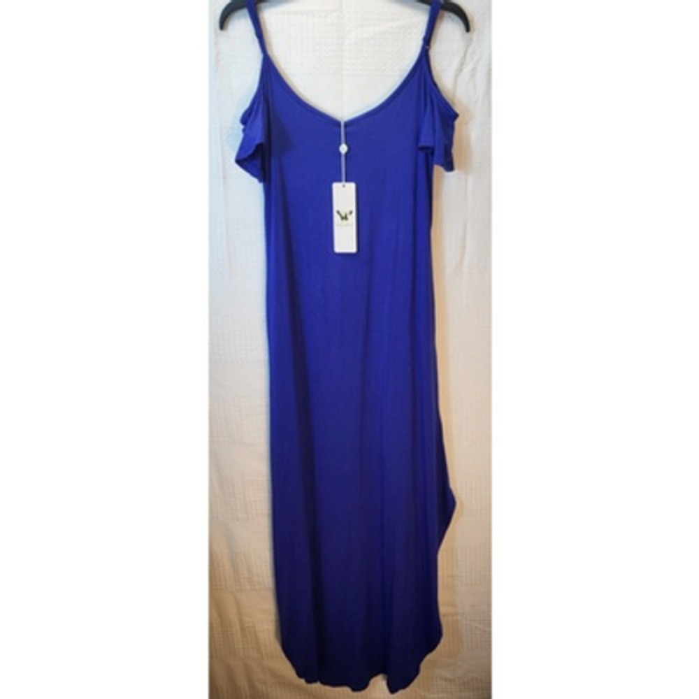 White Mark Dress Medium Cold Shoulder Blue Maxi Ruffle Cap Sleeve Double Slit